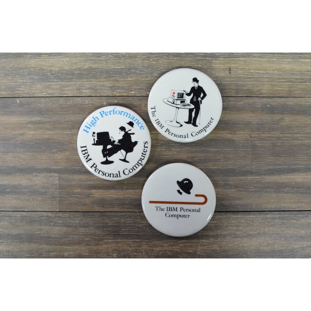 IBM Personal Computer Button Pin Lot of 3 Charlie Chaplin Promo 1980's Vtg